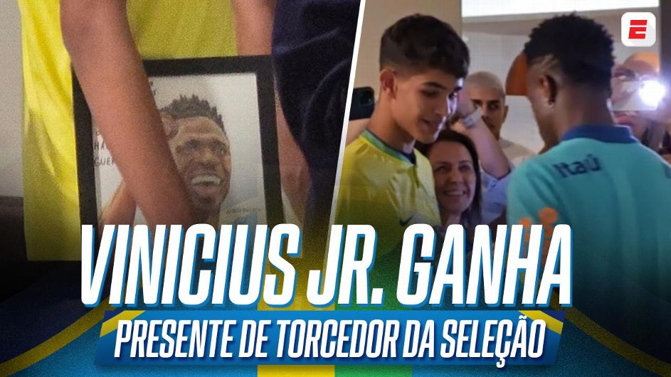 Vinicius Jr. ganha quadro personalizado de torcedor em Salvador após treino da seleção brasileira