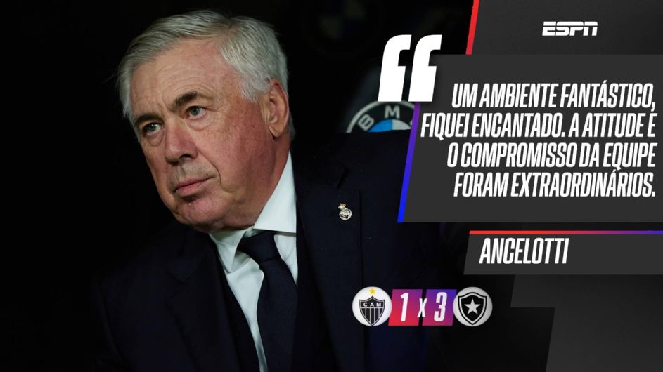 Ancelotti diz que ficou encantado com Atlético x Botafogo e exalta campeão da Libertadores: ‘Time histórico’