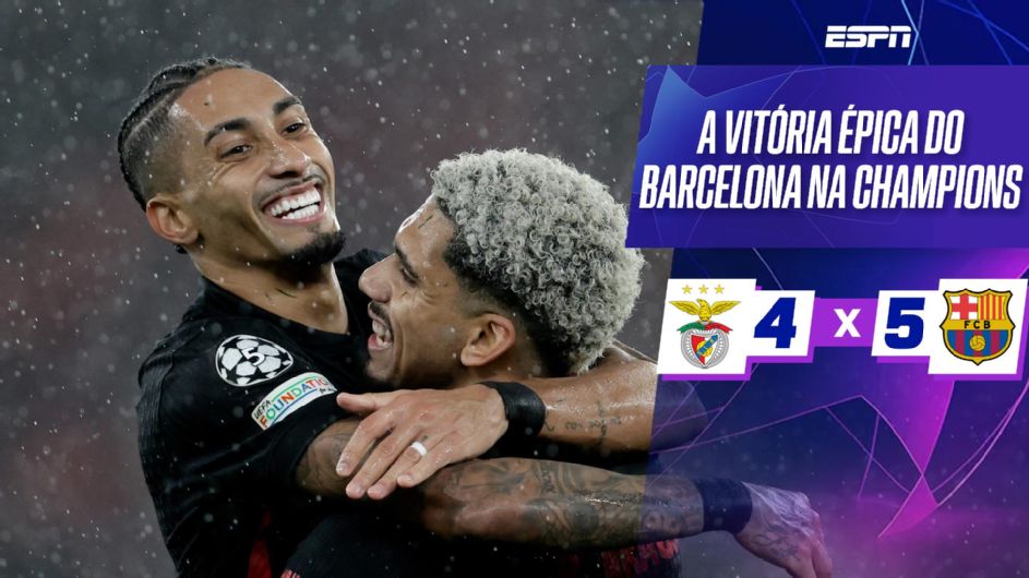 Raphinha anota golaço no fim, e Barcelona vence o Benfica por 5 a 4 em virada épica na Champions